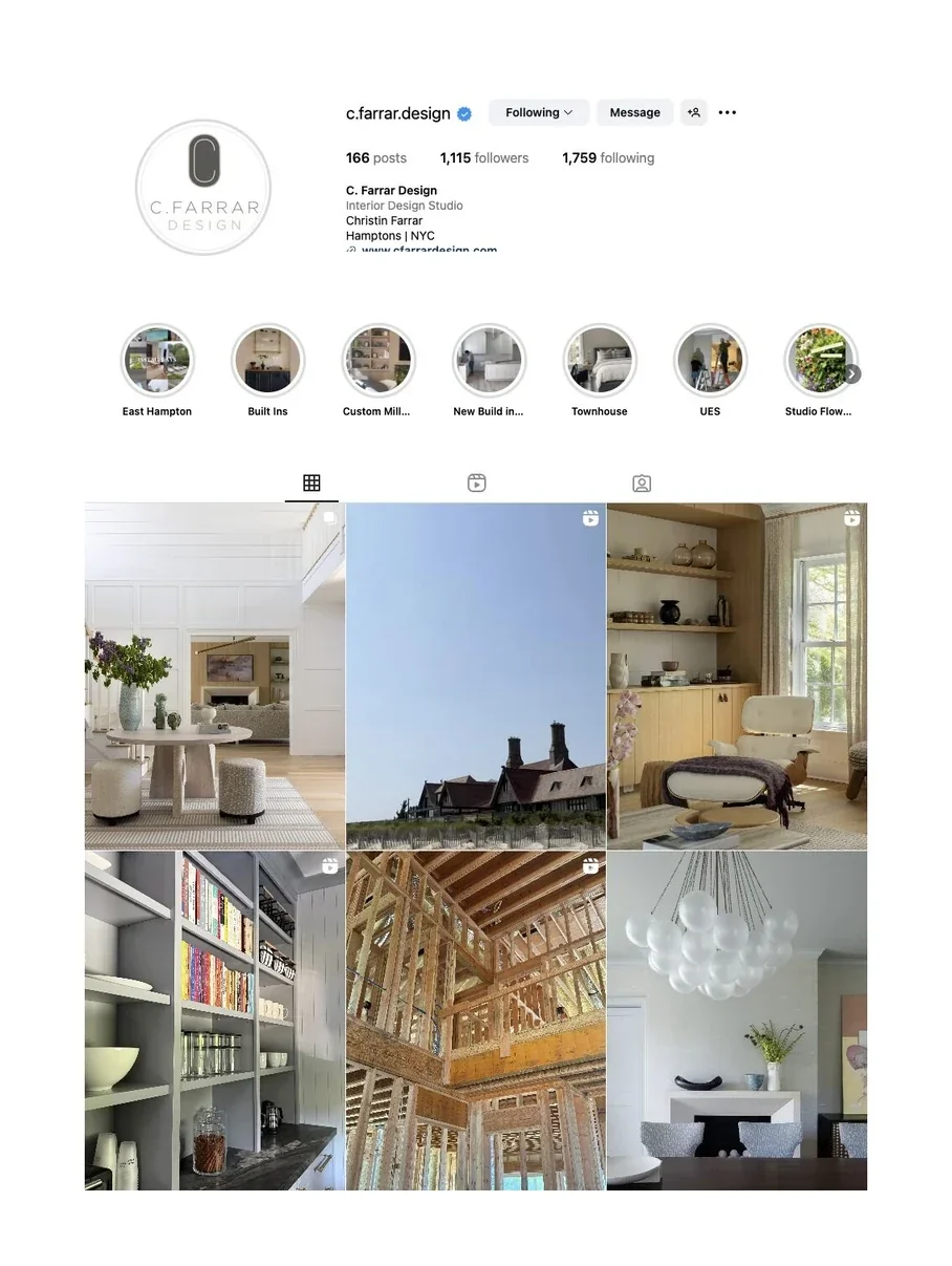 C. Farrar Design Instagram profile, Interior Design Studio, Hamptons and NYC, 1,115 followers